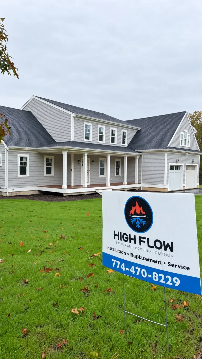 New construction home in Yarmouth Port, MA with a High Flow HVAC sign in the yard