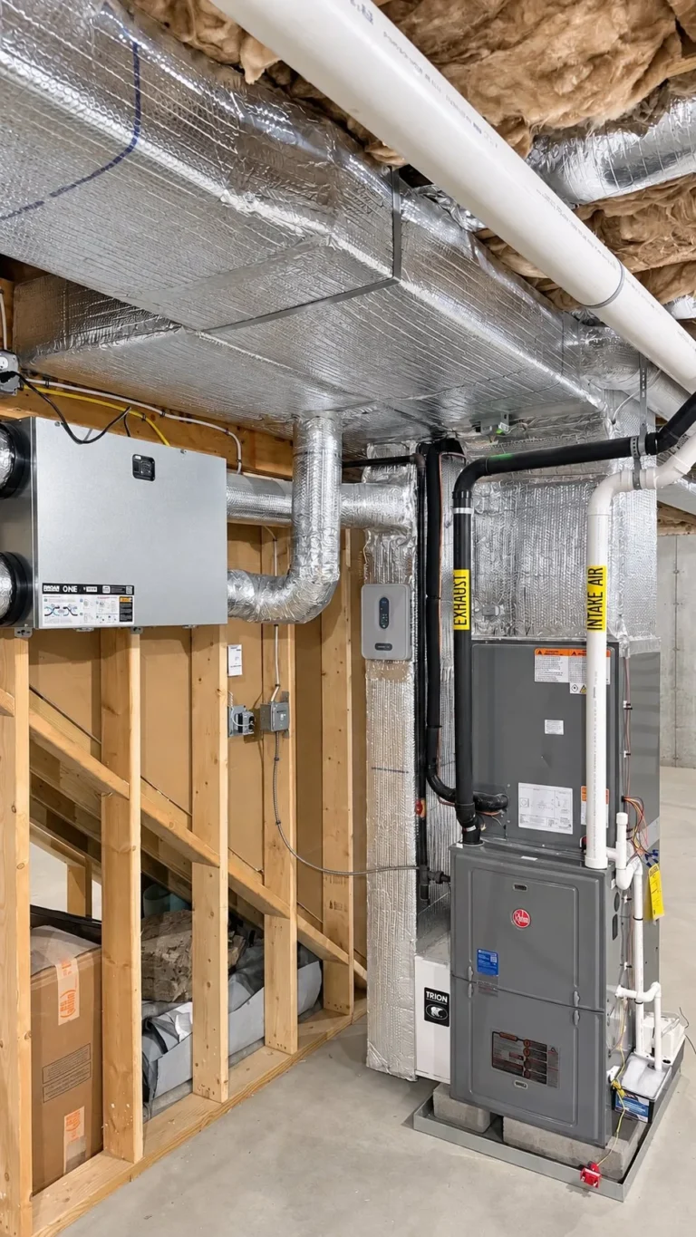 Rheem high-efficiency gas furnace with Trion air cleaner and ERV in a Yarmouth Port basement