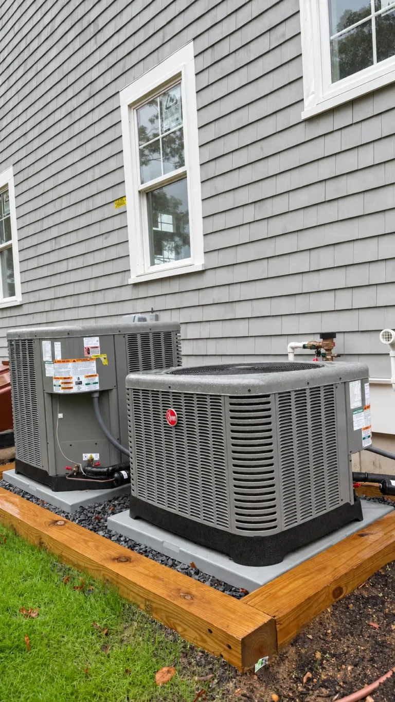 Two Rheem central air conditioning condensers at a new home in Yarmouth Port, MA