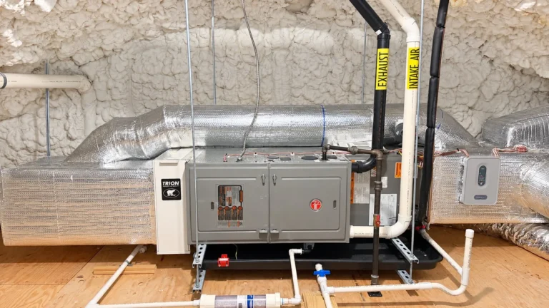Horizontal Rheem gas furnace with Trion air cleaner installed in a spray foam attic in Yarmouth Port