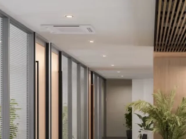 4-way ceiling cassette mini-split in an office hallway ceiling (Mitsubishi Electric)