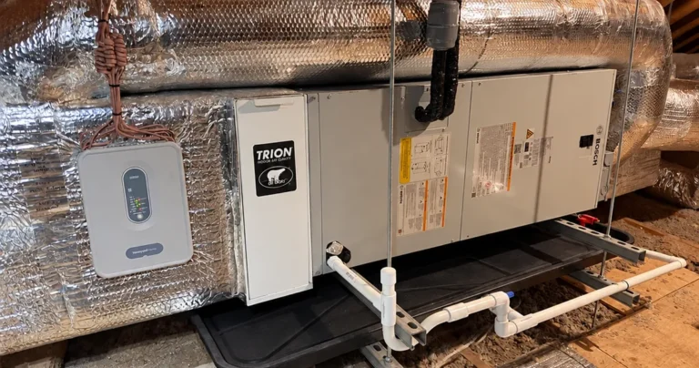 Bosch air handler installed in attic with insulated ductwork, Trion air cleaner and Honeywell zoning panel