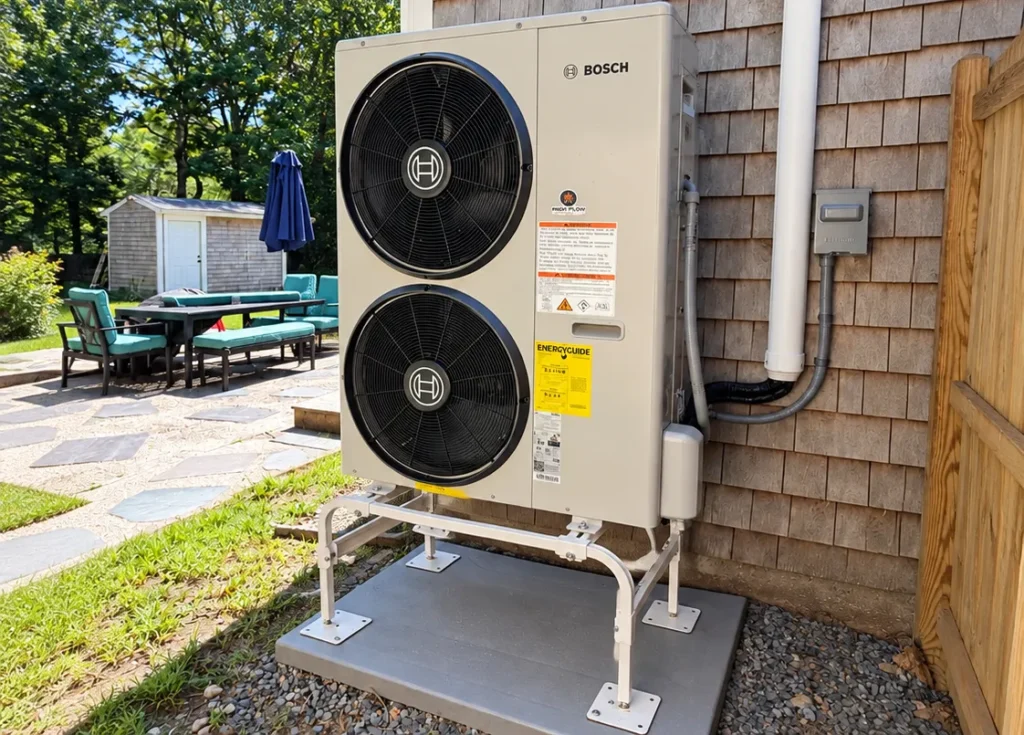 Bosch heat pump installed by High Flow HVAC behind a Cape Cod shingle home