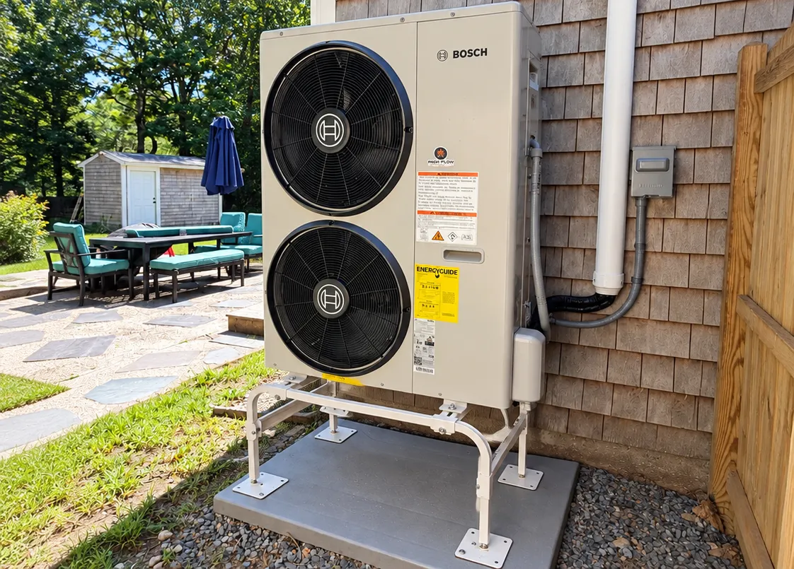 Bosch heat pump installed by High Flow HVAC behind a Cape Cod shingle home