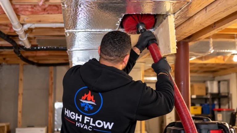 High Flow technician cleaning ductwork with a rotary brush and professional vacuum in a basement