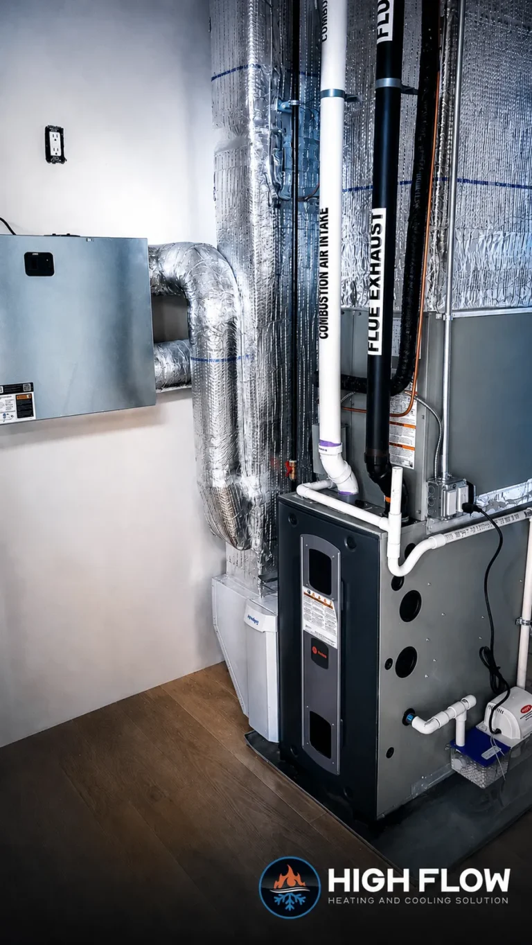 High-efficiency Trane gas furnace installed by High Flow HVAC with sealed PVC venting and whole-home humidifier