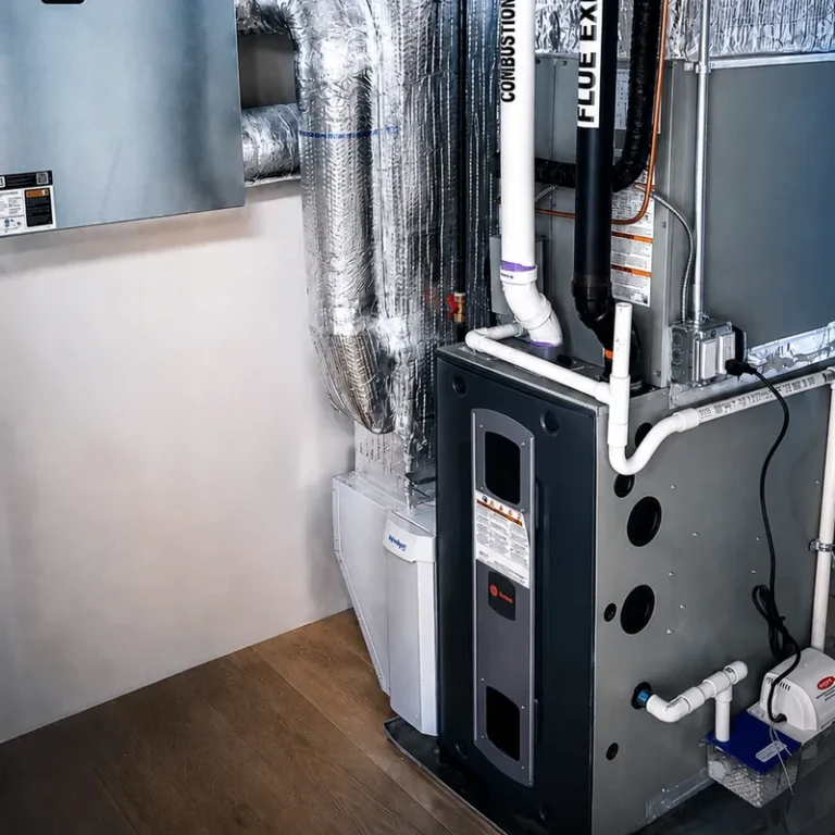 High-efficiency Trane gas furnace installed by High Flow HVAC with sealed PVC venting and whole-home humidifier
