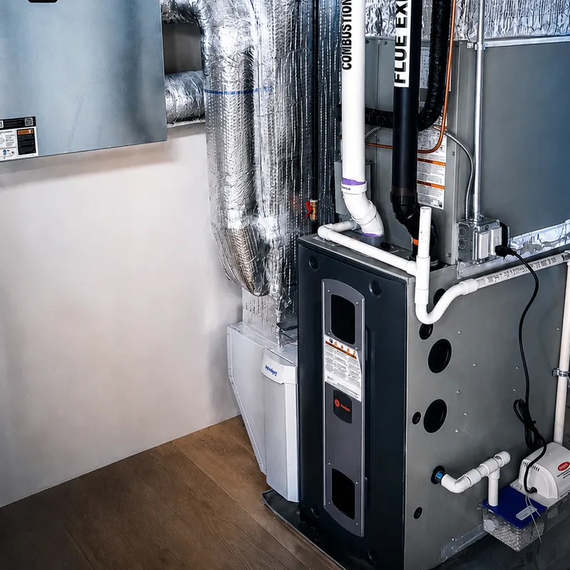 High-efficiency Trane gas furnace installed by High Flow HVAC with sealed PVC venting and whole-home humidifier