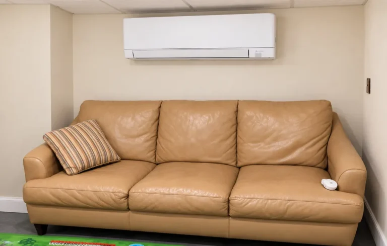 Mitsubishi ductless mini-split indoor unit installed in a finished basement