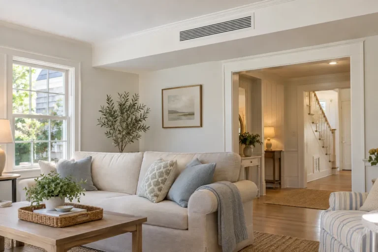 Slim ducted mini-split with a hidden ceiling grille in a living room
